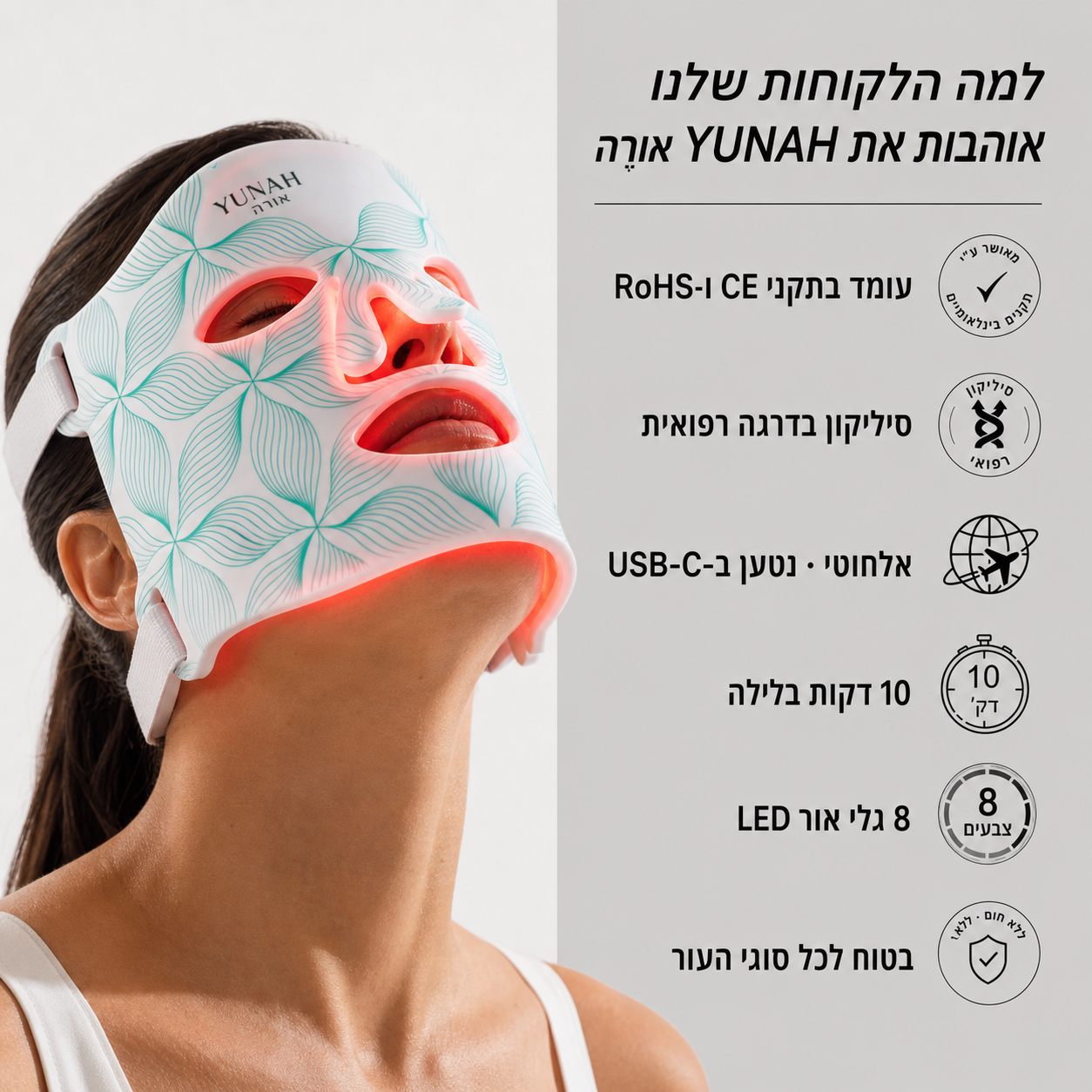 YUNAH™ אוֹרָה – מסכת LED 8 צבעים לטיפוח עור מקצועי בבית